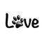 Isolated I love pets blue text with pink dog or cat paw prints. Typography with an animal footprint.