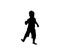 Isolated icon of black silhouette of dancing child on white background.