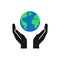 Isolated icon of green planet, earth in black hands on white background. Color globe and hands. Symbol of care, protection. Save