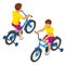 Isolated icon of isometric kid`s bicycle of child boy on bicycle on white background.