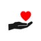 Isolated icon of red heart on black hand on white background. Silhouette of heart and hand. Symbol of care, love, charity. Flat