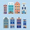 Isolated icon set of city buildings of different heights,