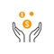 Isolated icon of some yellow coin, money in two outline hands on white background. Symbol of cash charity investment. Line icon of