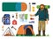 Isolated icons for tourism, journey. Man, backpack