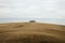 Isolated idyllic peaceful farm house building on top of a grass meadow field hill on cloudy day in South Iceland Europe