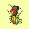 Isolated illustration cartoon. A hungry termite who plays the drums. Vintage