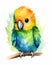 Isolated illustration of a cute bird sitting on a branch with a fluffy name green banner and colored orange icon app watercolor
