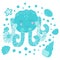 Isolated illustration of cute cartoon smiling blushing octopus, seashells, starfish and bubbles on a white background. Design for
