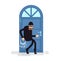 Isolated illustration thief, burglar sneaks to door, attacker holding bunch of skeleton keys