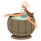 Isolated illustration with woman, girl relaxing in a hot barrel. Home spa. Bath procedures and pleasant rest. Healthy