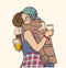 Isolated illustration of young couple hugging and holding plastic cups at festival in color