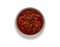 Isolated image of a bowl of delicious chilli bean soup, in a rustic bowl, with drop shadow