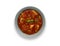 Isolated image of a bowl of delicious minestrone soup, topped with a sprig of basil, in a rustic bowl, with drop shadow