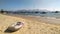 Isolated inflatable boat at the beach in Ilha Bela, Sao Paulo, Brazil. Amazing island in summer
