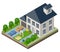 Isolated isomatic cottage. Country life. Garage. Green grass. Lawn. Swing. Vector illustration