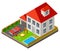 Isolated isomatic cottage. Country life. Garage. Green grass. Lawn. Swing. Vector illustration