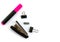 Isolated items stationery stapler staples clamps pink marker on white background top view space for text