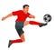 Isolated Japanese boy figure of a junior football player in red uniform jumping over the field hitting the ball