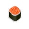 Isolated japanese wrapped sushi roll of wrapped seaweed stuffed with rice and red caviar