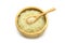 Isolated jasmine rice in a wooden bowl and spoon on white background with clipping path