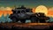 Isolated Jeep In Desert Sunset: Bold Graphic Comic Book Art