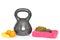 Isolated kettlebell, ab wheel and jumping rope on white background