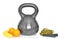 Isolated kettlebell, fresh fruit and jumping rope on white background