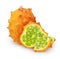 Isolated kiwanos. Whole kiwano melon fruit with slice and pieces isolated on white background with clipping path.