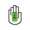 Isolated line black hand symbol holding green oil barrel sign icon on white