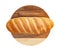 Isolated loaf of bread on wooden round cutting board on white background.