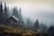 isolated log cabin in a misty mountain setting