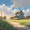 An isolated lonely tiny house on countryside scenery flat illustration