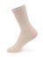 Isolated long beige sock on invisible mannequin foot on white background, side view.