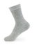 Isolated long gray sock on invisible mannequin foot on white background, side view.