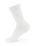 Isolated long white sock on invisible mannequin foot on white background, side view.