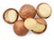 Isolated Macadamia nuts. Shelled and unshelled macadamia nuts on white background. Collection. Top view. Flat lay