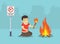 Isolated male kid playing with fire. Do not play with fire warning sign.