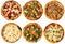 Isolated many different pizza menu design collage