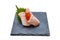 Isolated Medium Rare Salmon Sashimi Served with Ikura Salmon Roe and Sliced Radish in Stone Plate