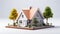 Isolated mockup of 3D small house with orange roof. 3d rendering