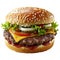 Isolated mouthwatering Burger with cooked beef melted cheese tomato pickles onions salad between white bread with sesame seeds