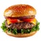 Isolated mouthwatering Burger with salad cooked meat melted cheese then tomatoes pickles and red onions between white bread