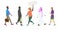 Isolated multicultural people walking side view. Ð¡artoon people in different postures while walking. Set of vector images of