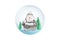 Isolated New Year, Christmas glass magic ball. Cute snowman and small christmas trees