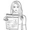 Isolated object coloring, black lines, white background. Young girl shows stretching newspaper with news. Journalism