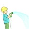 Isolated object on white background. A child, a little boy watering a garden, a garden with a hose of water. Raster