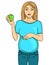 Isolated object on white background. Pregnant woman on the ninth month. Holds an apple in his hand. Vector illustration
