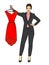 Isolated object on white background woman in a business suit, a businesswoman, is holding an evening red dress in her