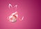 Isolated one easter white egg with pink ribbon with painted Bunny rabbit ears on burgundy background with copy space.