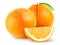 Isolated oranges. Two whole orange fruit with piece isolated on white background with clipping path.